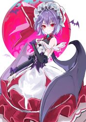 Rule 34 | 1girl, alternate costume, aorin oekaki, bare shoulders, bat (animal), bat wings, black gloves, corset, dress, elbow gloves, fang, fang out, frilled dress, frills, gloves, hat, hat ribbon, highres, mob cap, moon, purple hair, red eyes, red moon, red ribbon, remilia scarlet, ribbon, short hair, slit pupils, solo, touhou, touhou gensou eclipse, white dress, white hat, wings