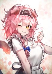 Rule 34 | 1girl, ;&gt;, alternate costume, animal ears, antenna hair, apron, arknights, blue bow, blush, bow, braid, cat ears, cat girl, cat tail, dress, english text, enmaided, finger heart, floppy ears, goldenglow (arknights), hair bow, hand up, heart, highres, looking at viewer, maid, maid apron, pink hair, ribiadan, solo, tail, tail raised, upper body, white apron, white background, white dress, yellow eyes