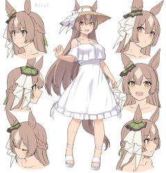 Rule 34 | 1girl, animal ears, bare shoulders, blush, breasts, brown eyes, brown hair, cleavage, closed eyes, collarbone, dress, ear ornament, full body, half updo, hat, highres, horse ears, horse girl, horse tail, large breasts, long hair, looking at viewer, multiple views, open mouth, satono diamond (umamusume), shiseki hirame, smile, solo, straw hat, tail, umamusume, white dress