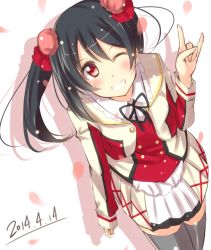 Rule 34 | 10s, 1girl, \m/, black hair, blush, bow, dated, hair bow, jiino, looking at viewer, love live!, love live! school idol project, one eye closed, red eyes, sketch, skirt, smile, solo, sore wa bokutachi no kiseki, thighhighs, twintails, wink, yazawa nico