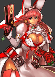 Rule 34 | 1girl, blue eyes, boots, breasts, cleavage, cleavage cutout, clothing cutout, clover, earrings, elphelt valentine, fingernails over gloves, flower, four-leaf clover, guilty gear, guilty gear xrd, gun, hand to own mouth, handgun, hat, jewelry, large breasts, long sleeves, pink hair, pinky out, puffy long sleeves, puffy sleeves, rose, short hair, side slit, smile, solo, spikes, thigh boots, thighhighs, unizama, weapon