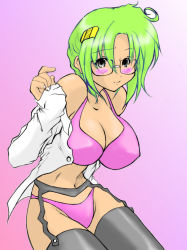 Rule 34 | 1girl, blush, breasts, cleavage, glasses, green hair, highres, large breasts, rai on (abc3639), simple background, solo