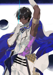 Rule 34 | 1boy, arjuna (fate), arm up, armlet, armpits, bishounen, black eyes, black hair, bow (weapon), bowstring, cloak, dark-skinned male, dark skin, drawing bow, fate (series), gloves, gold trim, holding, holding bow (weapon), holding weapon, male focus, rei (sanbonzakura), sleeveless, solo, weapon, white gloves