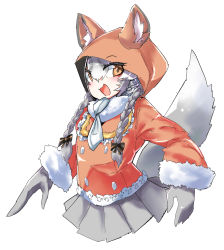 Rule 34 | 100maru, 1girl, animal ear fluff, animal ears, fox ears, fox girl, fox tail, gloves, highres, island fox (kemono friends), kemono friends, kemono friends v project, long hair, multicolored hair, necktie, shimahairobo, shirt, shoes, silver hair, simple background, skirt, smile, solo, tail, twintails, virtual youtuber, white background