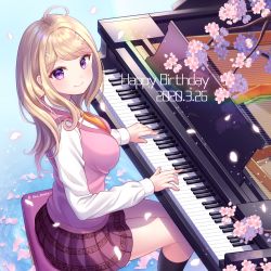 Rule 34 | 1girl, ahoge, akamatsu kaede, beamed eighth notes, blonde hair, blush, breasts, commentary request, danganronpa (series), danganronpa v3: killing harmony, dated, eighth note, flower, fortissimo, hair ornament, happy birthday, highres, large breasts, long hair, long sleeves, looking at viewer, musical note, musical note hair ornament, nabekokoa, necktie, pleated skirt, purple eyes, school uniform, shirt, skirt, smile, solo, sweater vest