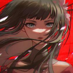 Rule 34 | 1girl, black collar, black hair, blue eyes, chinese commentary, collar, commentary request, final fantasy, final fantasy xiv, floating hair, flower, hair flower, hair ornament, highres, long hair, looking at viewer, mole, mole under mouth, parted lips, portrait, red background, red lips, simple background, solo, xiang wan wei wan, yotsuyu goe brutus