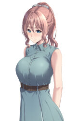 1girl absurdres arms_behind_back bang_dream! bare_arms bare_shoulders belt belt_buckle blue_dress blue_eyes blush bow breasts brown_belt brown_hair buckle buttons closed_mouth collared_dress cowboy_shot dress grey_bow hair_between_eyes hair_bow high_belt high_ponytail highres large_breasts looking_at_viewer medium_hair ponytail ptal sidelocks simple_background sleeveless sleeveless_dress smile solo standing white_background yamabuki_saya