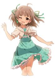Rule 34 | 1girl, ;d, ahoge, alternate hairstyle, blush, breasts, brown hair, collarbone, commentary request, cropped legs, cropped sweater, dress, floating clothes, floating hair, floral print dress, frilled dress, frills, goma konbu, green dress, green ribbon, hair ribbon, hakozaki serika, hand up, head tilt, highres, idolmaster, idolmaster million live!, looking at viewer, medium hair, one eye closed, open mouth, orange eyes, outstretched arm, raised eyebrows, ribbon, short sleeves, simple background, small breasts, smile, solo, standing, striped clothes, striped dress, sweater, thick eyelashes, thighs, two side up, white background, white ribbon, white sweater