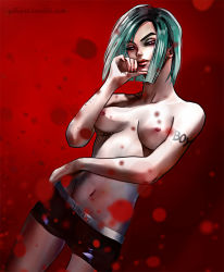 Rule 34 | 1girl, black sclera, blood, blood splatter, breasts, colored sclera, contrapposto, dutch angle, fourth wall, green hair, groin, hand on own chin, long neck, medium breasts, nail polish, navel, nipples, original, purple eyes, red background, red nails, solo, standing, tattoo, topless, underwear, underwear only, watermark, web address, yibi