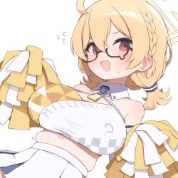 Rule 34 | 1girl, ahoge, bare shoulders, black-framed eyewear, blonde hair, blue archive, blush, braid, breasts, checkered clothes, cheerleader, cleavage, collarbone, commentary request, cowboy shot, dutch angle, flying sweatdrops, gamuo, glasses, halo, kotori (blue archive), kotori (cheer squad) (blue archive), large breasts, low twintails, midriff, millennium cheerleader outfit (blue archive), navel, open mouth, pleated skirt, plump, red eyes, semi-rimless eyewear, short hair, simple background, single braid, skirt, smile, solo, teardrop-framed glasses, triangle print, twintails, under-rim eyewear, white background, white skirt, yellow halo