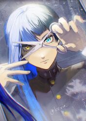Rule 34 | 1boy, absurdres, androgynous, blue eyes, blue hair, choppy bangs, closed mouth, commentary request, cutting hair, dual persona, expressionless, film grain, hair between eyes, heterochromia, highres, holding, holding scissors, kexiu, long eyelashes, long hair, looking at viewer, male focus, portrait, protagonist (smtv), school uniform, scissors, shin megami tensei, shin megami tensei v, solo, thick eyelashes, twitter username, yellow eyes