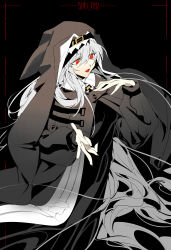 Rule 34 | 1girl, absurdres, arknights, black background, black headwear, black robe, character name, chinese commentary, commentary request, english text, grey hair, habit, hair between eyes, hands up, highres, ling s, long hair, long sleeves, nun, open mouth, red eyes, robe, simple background, solo, specter (arknights), tongue, very long hair