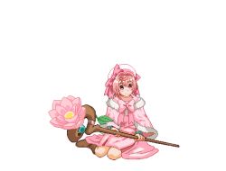 Rule 34 | 1girl, air (air5308792), bow, hat, hat bow, hat ribbon, holding, holding staff, lily (netojuu no susume), looking at viewer, netojuu no susume, pink eyes, pink hair, pixel art, ribbon, sitting, smile, solo, staff, transparent background, white hat
