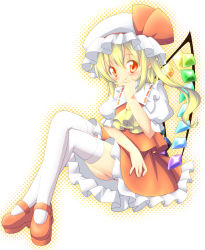 Rule 34 | 1girl, ascot, blonde hair, blush, colorized, female focus, flandre scarlet, hand to own mouth, hat, hat ribbon, highres, looking at viewer, mary janes, meitou muku, mob cap, red eyes, ribbon, shoes, side ponytail, sitting, solo, thighhighs, touhou, white thighhighs, wings, zefa (neoaltemice)