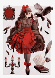Rule 34 | 1girl, absurdres, bird, bird on hand, black footwear, blunt bangs, book, boots, bow, brown dress, brown hair, brown pantyhose, candle, candlestand, commentary, crinoline, dress, feathers, full body, grey background, hair bow, hand up, heart, highres, ink bottle, long hair, long sleeves, looking at animal, original, outside border, pantyhose, paper, platform footwear, puffy long sleeves, puffy sleeves, quill, red bow, red eyes, red skirt, red theme, shiiro illust, sidelocks, skirt, standing, symbol-only commentary, very long hair, wavy hair
