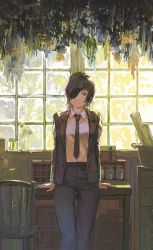 Rule 34 | 1girl, absurdres, arms on table, black hair, black jacket, black necktie, black pants, breasts, chainsaw man, chair, desu, eyepatch, flower, formal, grass, green theme, highres, himeno (chainsaw man), jacket, jar, large breasts, looking at viewer, mossan351, necktie, pants, paper, rolled up paper, short hair, smile, solo, suit, table, window