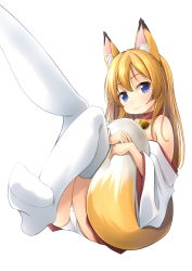 Rule 34 | 1girl, animal ear fluff, animal ears, bare shoulders, bell, blonde hair, collar, commentary request, fox ears, fox girl, fox tail, hakama, hakama short skirt, hakama skirt, highres, hugging own tail, hugging tail, japanese clothes, jingle bell, knees together feet apart, long hair, looking at viewer, miko, neck bell, no shoes, off shoulder, original, panties, pantyshot, red hakama, shibacha, simple background, sitting, skirt, solo, tail, thighhighs, underwear, white background, white panties, white thighhighs, wide sleeves
