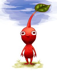 Rule 34 | black eyes, blue sky, colored skin, commentary request, day, grass, leaf, looking ahead, nintendo, no humans, no mouth, outdoors, pikmin (creature), pikmin (series), pointy nose, red pikmin, red skin, shadow, sky, solo, straight-on, white background, yamato koara