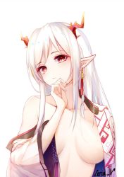 Rule 34 | 1girl, arknights, artist name, bad id, bad pixiv id, blush, breasts, breasts apart, chinese commentary, closed mouth, collarbone, commentary request, earrings, hand on own chin, head tilt, highres, horns, jewelry, leria v, light smile, long hair, long sleeves, looking at viewer, medium breasts, nian (arknights), no bra, off shoulder, open clothes, red eyes, sidelocks, simple background, single bare shoulder, solo, swept bangs, tassel, tassel earrings, upper body, white background, white hair, wide sleeves