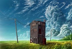 Rule 34 | air conditioner, bad id, bad pixiv id, building, cloud, cola (gotouryouta), day, drum (container), field, grass, ladder, no humans, original, power lines, railing, satellite dish, scenery, sky, window