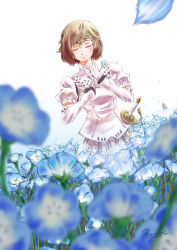 Rule 34 | 1boy, 1girl, 2020, artist name, blue flower, brown hair, closed eyes, closed mouth, dated, final fantasy, final fantasy xi, flower, hands up, holding, holding flower, hume, kilhwch (ff11), morere, nemophila (flower), puffy short sleeves, puffy sleeves, short hair, short sleeves, signature, smile, solo focus, sword, ulla (ff11), weapon