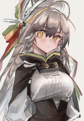 Rule 34 | 1girl, arknights, bad id, bad pixiv id, black cape, blush, breasts, bright pupils, cape, closed mouth, corset, fartooth (arknights), feather hair, hair between eyes, helmet, highres, kaguura (kagu), long sleeves, looking at viewer, medium breasts, puffy long sleeves, puffy sleeves, shirt, simple background, solo, upper body, white background, white shirt, yellow eyes