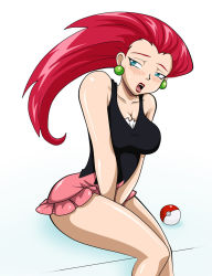 Rule 34 | 1girl, blue eyes, blush, breasts, cleavage, cosplay, creatures (company), dawn (pokemon) (cosplay), earrings, female focus, game freak, gradient background, jessie (pokemon), jewelry, legs, mcree114, nintendo, no bangs, open mouth, poke ball, pokemon, red hair, sitting, solo, white background