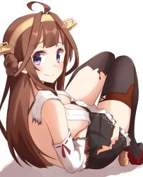 Rule 34 | 10s, 1girl, ahoge, black skirt, black thighhighs, boots, breasts, brown hair, commentary request, detached sleeves, double bun, hair bun, hairband, headgear, highres, japanese clothes, kantai collection, kapatarou, kongou (kancolle), large breasts, long hair, nontraditional miko, pleated skirt, purple eyes, ribbon-trimmed sleeves, ribbon trim, simple background, skirt, solo, thigh boots, thighhighs, torn clothes, torn thighhighs, white background