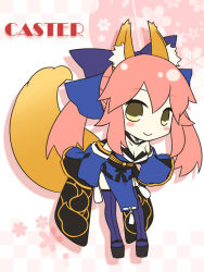 Rule 34 | 10s, 1girl, animal ear fluff, animal ears, blue thighhighs, blush, chibi, dress, fate/extra, fate (series), fox ears, fox tail, hair between eyes, hair ribbon, japanese clothes, mayo-black, pink hair, ribbon, smile, solo, tail, tamamo no mae (fate/extra), thighhighs, twintails, yellow eyes