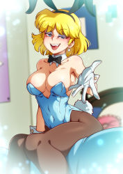 Rule 34 | 1girl, :d, animal ear hairband, animal ears, bare shoulders, bed, bedroom, black bow, black bowtie, black hairband, black pantyhose, blonde hair, blue eyes, blue leotard, blurry, blurry background, blush, bow, bowtie, breasts, brown pantyhose, cleavage, collar, collarbone, commentary, covered navel, cushion, depth of field, detached collar, diffraction spikes, earrings, english commentary, eyeshadow, facing viewer, fake animal ears, fang, feet out of frame, gloves, hairband, highres, indoors, jcm2, jewelry, large breasts, leotard, looking at viewer, lori loud, makeup, medium breasts, on bed, open mouth, outstretched hand, pantyhose, playboy bunny, rabbit ear hairband, rabbit ears, rabbit tail, reaching, reaching towards viewer, short hair, sitting, smile, solo, sparkle, tail, the loud house, tongue, white collar, white gloves, wing collar