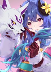 Rule 34 | 1girl, :o, blue hair, bow (weapon), curled horns, fur-trimmed jacket, fur trim, gloves, holding, holding weapon, horns, humanization, jacket, kindred (league of legends), lamb (league of legends), league of legends, looking at viewer, nail polish, no mask, partially fingerless gloves, red eyes, sheep horns, shizumiyme, simple background, spirit blossom kindred, upper body, wavy hair, weapon, wolf, wolf (league of legends)