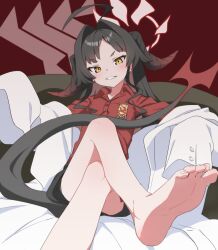 Rule 34 | 1girl, ahoge, barefoot, black hair, black shorts, blue archive, blush, coat, crossed legs, demon horns, demon tail, foot out of frame, hair intakes, halo, highres, horns, kasumi (blue archive), lab coat, long hair, looking at viewer, parted lips, raigou, red shirt, shirt, short eyebrows, shorts, sitting, sleeves past fingers, sleeves past wrists, smile, soles, solo, tail, toes, white coat, yellow eyes