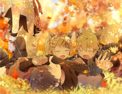 Rule 34 | 2boys, 2girls, :d, ^ ^, animal ears, autumn leaves, blonde hair, blue hair, blurry, blush, closed eyes, depth of field, detached sleeves, falling leaves, fox ears, fox tail, grass, hair between eyes, hair ornament, hairclip, head out of frame, indigo fox (module), japanese clothes, kagamine len, kagamine rin, kaito (vocaloid), leaf, leaf on head, leg warmers, lying, meiko (vocaloid), multiple boys, multiple girls, on back, on person, on stomach, open mouth, outdoors, own hands together, pants, pleated skirt, project diva (series), raspberry fox (module), ribbon-trimmed sleeves, ribbon trim, rope, scarf, short hair, side ponytail, sinaooo, skirt, smile, standing, sunlight, sweatdrop, swept bangs, tail, vocaloid, x hair ornament