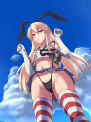 Rule 34 | 10s, 1girl, anchor, blonde hair, blush, cameltoe, elbow gloves, gloves, green eyes, hairband, kantai collection, long hair, navel, panties, panty lift, pantyshot, personification, self wedgie, shimakaze (kancolle), skirt, solo, striped clothes, striped thighhighs, suzu-batsu, thighhighs, thong, underwear, upskirt, wedgie