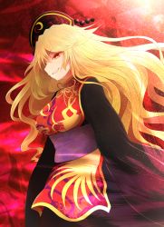 Rule 34 | 1girl, arano oki, black dress, blonde hair, breasts, chinese clothes, dress, female focus, hair ornament, highres, junko (touhou), large breasts, long hair, long sleeves, looking at viewer, red eyes, revision, sash, smile, smirk, solo, tabard, touhou, very long hair, wide sleeves