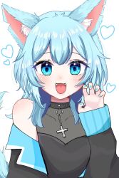 Rule 34 | 1girl, :d, animal ear fluff, animal ears, bare shoulders, black collar, black jacket, blue eyes, blue jacket, blue nails, blush, claw pose, collar, commentary, covered collarbone, cross, fangs, fingernails, fox ears, fox girl, greek cross, hand up, heart, highres, indie virtual youtuber, jacket, long sleeves, looking at viewer, mimi (klh98pim7m88471), nagumo asu, nail polish, off shoulder, open clothes, open jacket, open mouth, simple background, smile, solo, upper body, virtual youtuber, white background