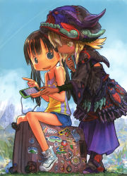 Rule 34 | 2girls, :d, absurdres, bare shoulders, black hair, blonde hair, blue eyes, blush, cellphone, dark skin, dark-skinned female, earphones, female focus, grass, hat, highres, holding, iphone, multiple girls, nature, open mouth, original, outdoors, phone, scan, shorts, sitting, sky, smartphone, smile, suitcase, sweat, tsukushi akihito, twintails, yellow eyes