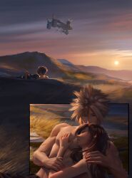 Rule 34 | 1boy, 1girl, absurdres, aftersex, aircraft, airship, black hair, blonde hair, blue eyes, cloud strife, commentary, couple, cuddling, earrings, english commentary, field, final fantasy, final fantasy vii, highres, jewelry, looking at another, morning, mountain, mountainous horizon, nude, outdoors, safaia, single earring, sleeping, spiked hair, sun, sunrise, tifa lockhart, toned, toned male, topless male, waking up
