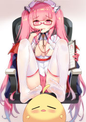 Rule 34 | 14c, 1girl, absurdres, ahoge, azur lane, bespectacled, blush, breasts, breasts apart, brown background, cameltoe, chair, clipboard, demon wings, dress, feet, feet on toy, full body, glasses, gloves, gradient background, half gloves, hat, highres, holding, holding pencil, knees up, lanyard, legs, long hair, manjuu (azur lane), mechanical pencil, medium breasts, no shoes, nurse, nurse cap, office chair, on chair, open mouth, panties, pencil, perseus (azur lane), perseus (unfamiliar duties) (azur lane), pink eyes, pink gloves, pink hair, pink panties, puffy sleeves, red-framed eyewear, red wings, semi-rimless eyewear, soles, solo, swivel chair, thighhighs, toes, twintails, under-rim eyewear, underwear, very long hair, wavy mouth, white background, white dress, white hat, white thighhighs, wings