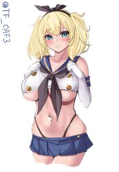 Rule 34 | 1girl, black hairband, black neckerchief, black panties, blonde hair, blue eyes, blue sailor collar, blue skirt, breasts, cosplay, cowboy shot, crop top, cropped legs, elbow gloves, gambier bay (kancolle), gloves, hairband, highleg, highleg panties, highres, kantai collection, large breasts, long hair, looking at viewer, microskirt, miniskirt, neckerchief, one-hour drawing challenge, panties, pleated skirt, sailor collar, shimakaze (kancolle), shimakaze (kancolle) (cosplay), shirt, simple background, skirt, sleeveless, sleeveless shirt, solo, tf cafe, twitter username, underboob, underwear, upper body, white background, white gloves