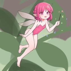 Rule 34 | 1girl, absurdres, bare legs, barefoot, breasts, commentary request, covered navel, fairy, fairy wings, flying, full body, highres, ju ge, leotard, medium hair, mini person, minigirl, original, pink eyes, pink hair, pink leotard, pointy ears, small breasts, solo, strapless, strapless leotard, wand, wings