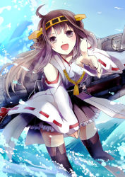 Rule 34 | 10s, 1girl, ahoge, braid, brown eyes, brown hair, detached sleeves, hairband, japanese clothes, kantai collection, kongou (kancolle), machinery, open mouth, personification, pointing, raikinagi, sleeves past wrists, solo, thighhighs, water