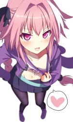 Rule 34 | 1boy, astolfo (fate), astolfo (memories at trifas) (fate), bad id, bad pixiv id, black pantyhose, blurry, blush, braid, commentary request, depth of field, fang, fate/apocrypha, fate (series), from above, hair intakes, hair ribbon, hand on own hip, heart, long hair, looking at viewer, looking up, male focus, nachisuke (nachi comic), navel, official alternate costume, open mouth, pantyhose, pink hair, purple eyes, ribbon, shirt tug, simple background, single braid, skin fang, smile, solo, spoken heart, trap, white background