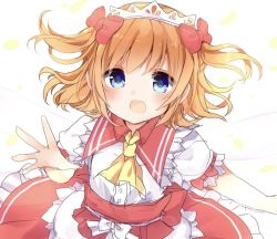 Rule 34 | 1girl, ascot, bad id, bad twitter id, blue eyes, blush, bow, brown hair, hair bow, karasusou nano, looking at viewer, open mouth, red bow, short sleeves, simple background, solo, sunny milk, touhou, two side up, upper body, white background