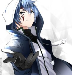 Rule 34 | 1boy, black gloves, blue hair, closed mouth, doromame, facial tattoo, fairy tail, gloves, gradient background, grey eyes, hair between eyes, high collar, hood, hood up, hooded jacket, jacket, jellal fernandes, short hair, simple background, solo, solo focus, string, tattoo, upper body