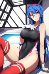 Rule 34 | 1girl, blue hair, breasts, competition swimsuit, gakuen taisen valkyries, glasses, highres, large breasts, long hair, looking at viewer, nagioka, one-piece swimsuit, red eyes, rei no pool, sabra greengold, smile, solo, swimsuit, thighhighs