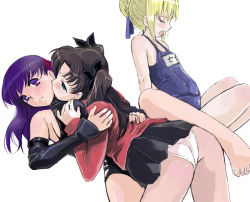 Rule 34 | 00s, 3girls, artoria pendragon (all), artoria pendragon (fate), ass, black hair, blonde hair, breasts, demag, detached sleeves, fate/stay night, fate (series), female focus, grabbing, grabbing another&#039;s breast, hair ribbon, incest, large breasts, long hair, matou sakura, miniskirt, multiple girls, name tag, one-piece swimsuit, panties, pantyshot, pleated skirt, purple eyes, purple hair, ribbon, saber (fate), school swimsuit, simple background, skirt, small breasts, swimsuit, tohsaka rin, turtleneck, twintails, two side up, underwear, white background, white panties, yuri