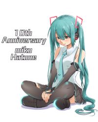 Rule 34 | 1girl, anniversary, aqua eyes, aqua hair, character name, detached sleeves, full body, hatsune miku, headphones, highres, hyoiki, indian style, long hair, necktie, sitting, skirt, solo, thighhighs, twintails, very long hair, vocaloid