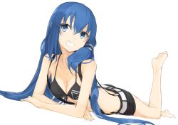 Rule 34 | 1girl, arm support, belt, bikini, bikini top only, blue eyes, blue hair, breasts, cleavage, duplicate, front-tie top, grin, long hair, lying, matching hair/eyes, md5 mismatch, miruto netsuki, navel, on back, original, resolution mismatch, shorts, smile, solo, source larger, swimsuit, teeth
