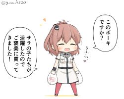 Rule 34 | 1girl, anchor, bag, breast pocket, brown hair, chibi, closed eyes, dress, full body, goma (yoku yatta hou jane), hair between eyes, kantai collection, neckerchief, plastic bag, pocket, ponytail, red thighhighs, saratoga (kancolle), saratoga mk ii (kancolle), side ponytail, sidelocks, simple background, solo, standing, thighhighs, translation request, white background, white dress